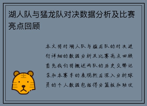 湖人队与猛龙队对决数据分析及比赛亮点回顾